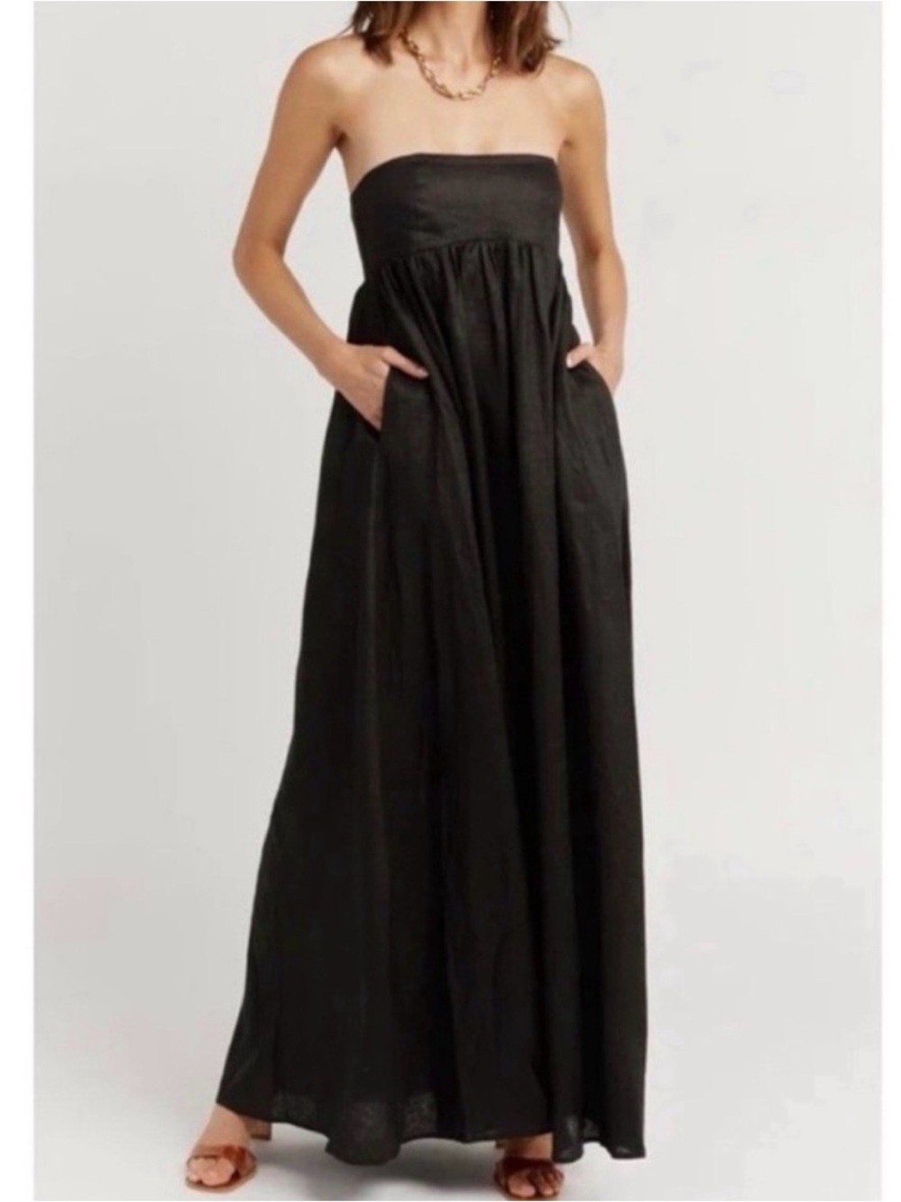 Dissh Gia Linen Strapless Babydoll Maxi Dress Black Vacation Resort US 2